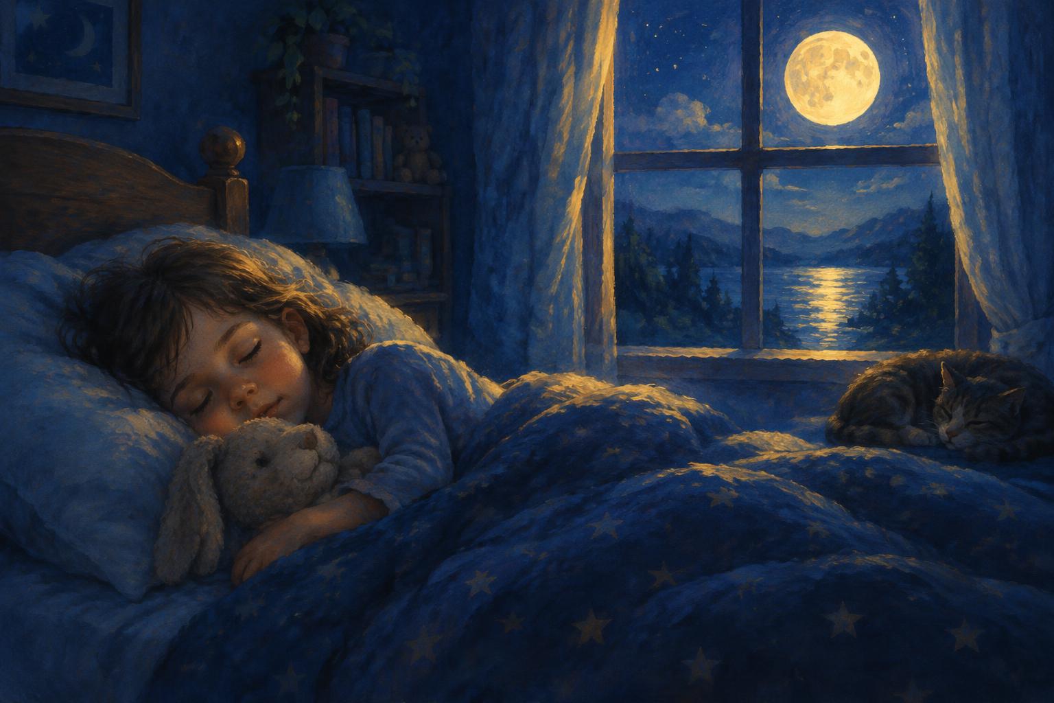 Un bambino dorme tranquillo in un letto asciutto al chiaro di luna